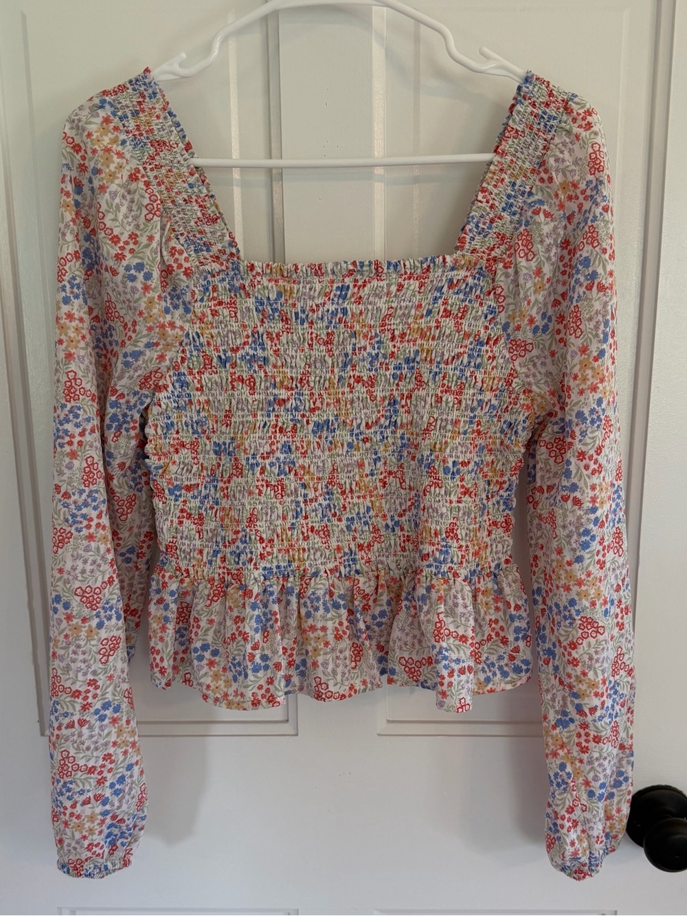 Jopna Floral Smocked Peplum Blouse Square Neck Balloon Sleeve M